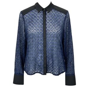 Anne Fontaine Sirielle Blue Black Lace Button Up Shirt Blouse Size S - AC
